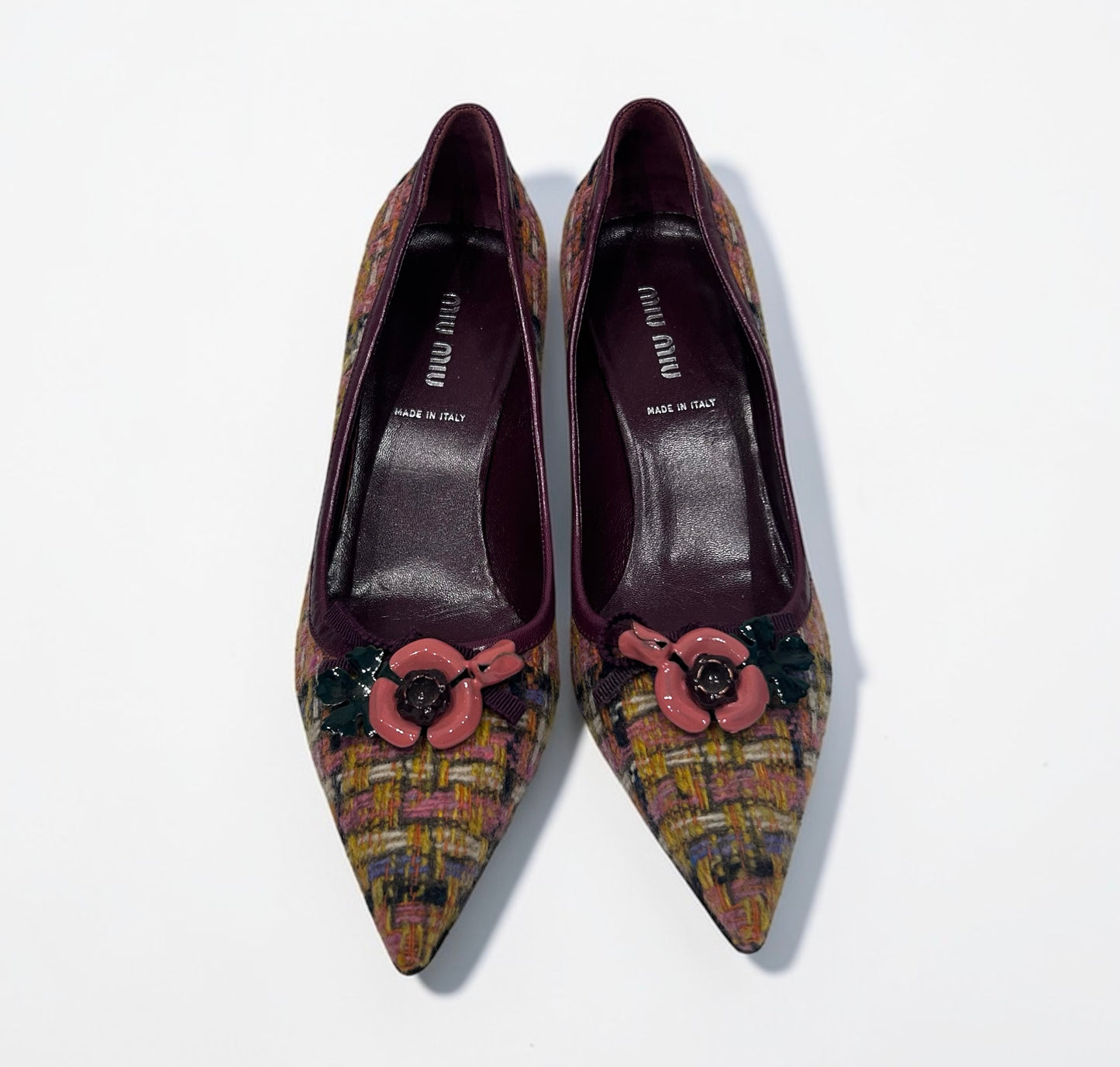 Vintage Miu Miu Tweed Kitten Heel Pumps with Floral Appliqué |Early 2000s