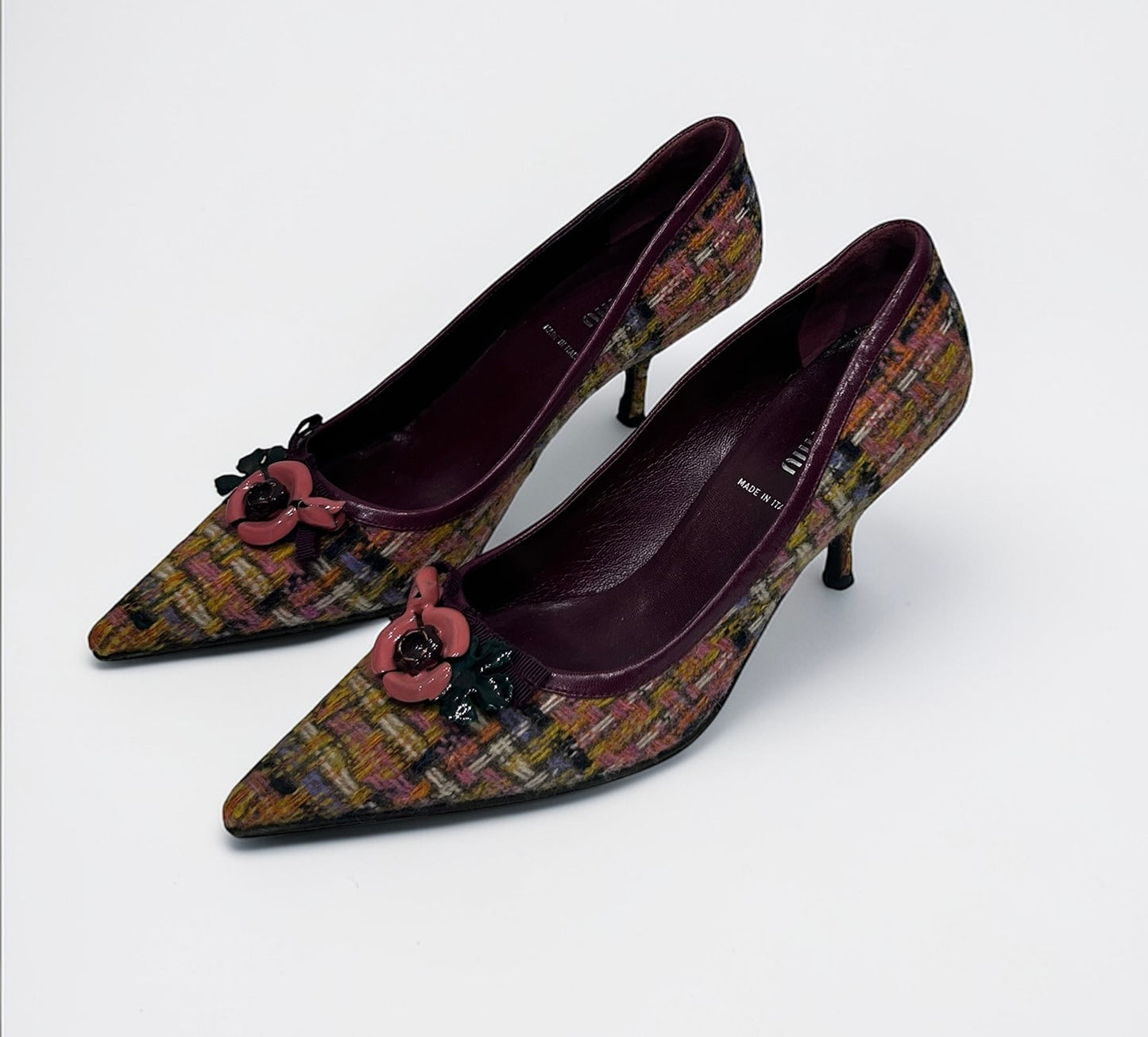 Vintage Miu Miu Tweed Kitten Heel Pumps with Floral Appliqué |Early 2000s