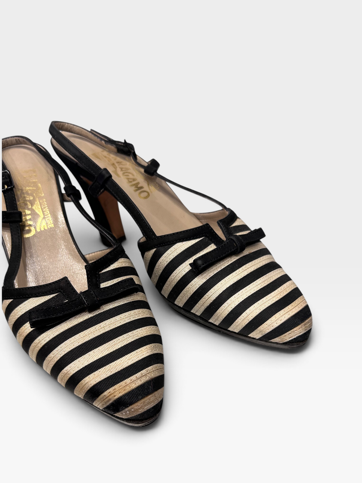 Vintage Salvatore Ferragamo Striped Slingback Heels| Late 1980s