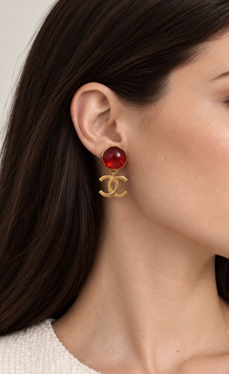 Vintage Chanel Red Cabochon Clip-On Earrings|Spring 1994