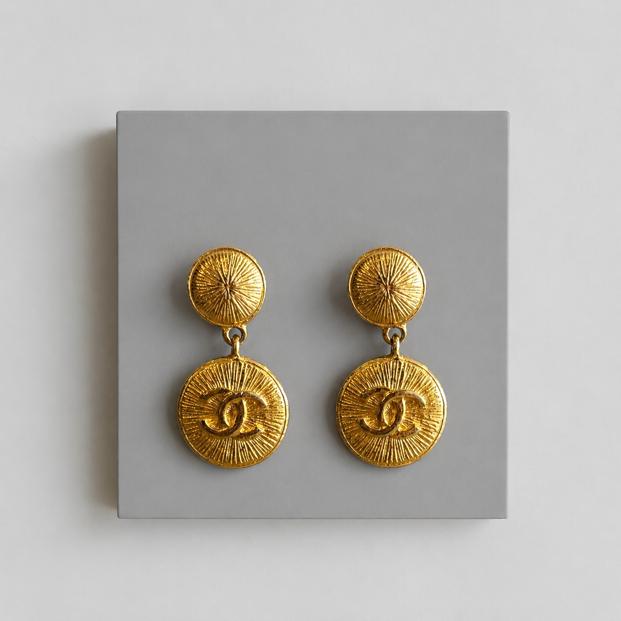 Vintage Chanel CC Sunburst Gold Plated Drop Earrings| Early 1990s, Karl Lagerfeld Era