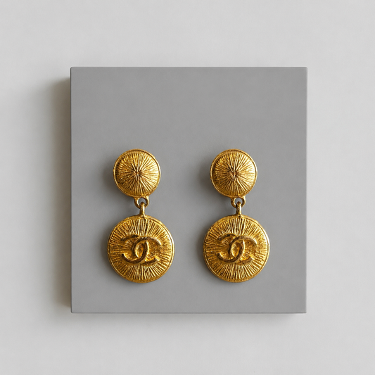 Vintage Chanel CC Sunburst Gold Plated Drop Earrings| Early 1990s, Karl Lagerfeld Era