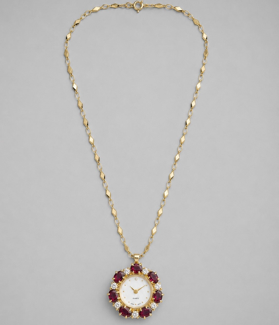 Vintage Ruby-Tone Crystal Pendant Watch on Gold-Plated Chain|Late 1990s