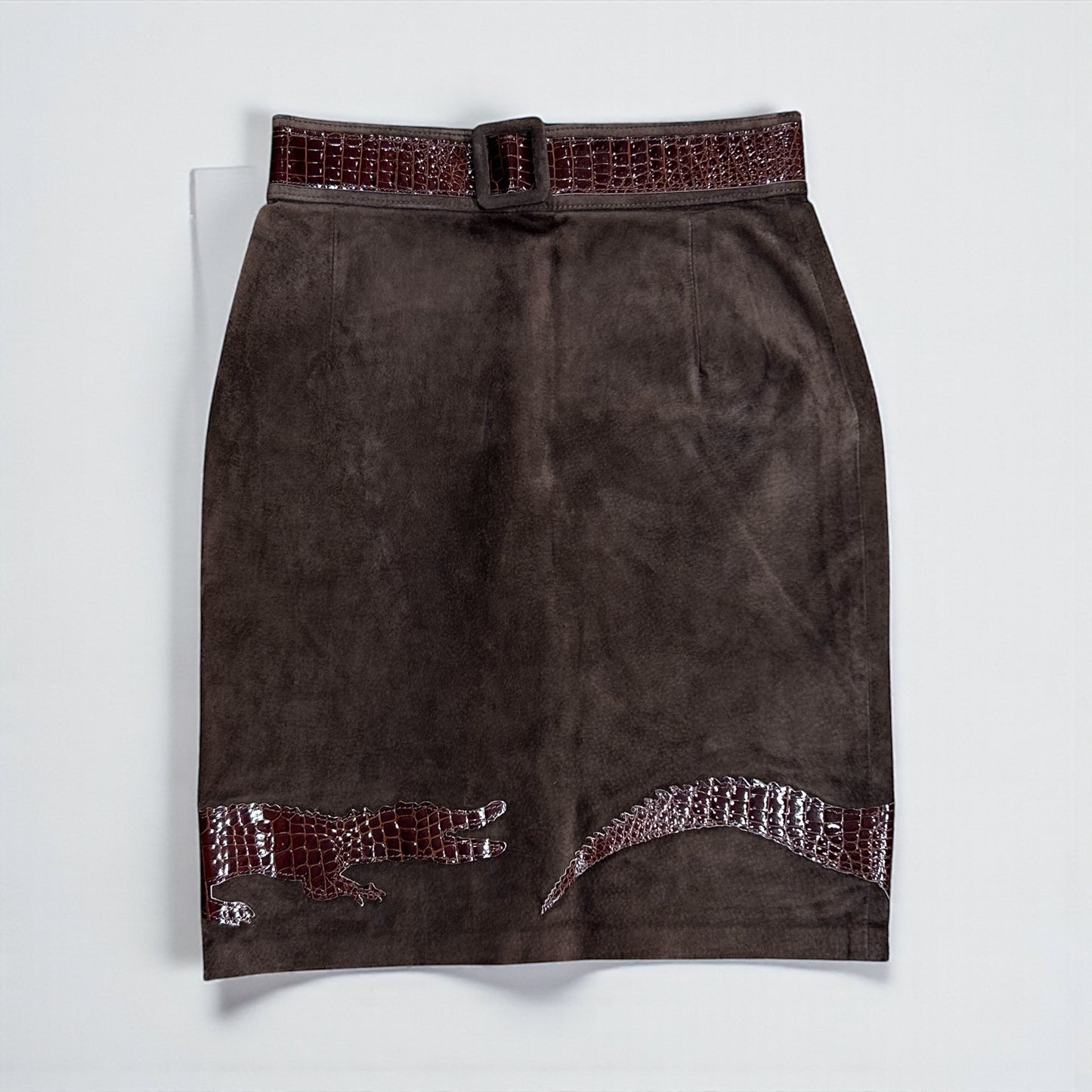 Moschino Cheap and Chic Suede Skirt with Crocodile Motif|Late 1990’s