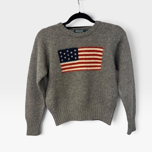 Vintage Polo Ralph Lauren Grey Wool American Flag Sweater | 1990s