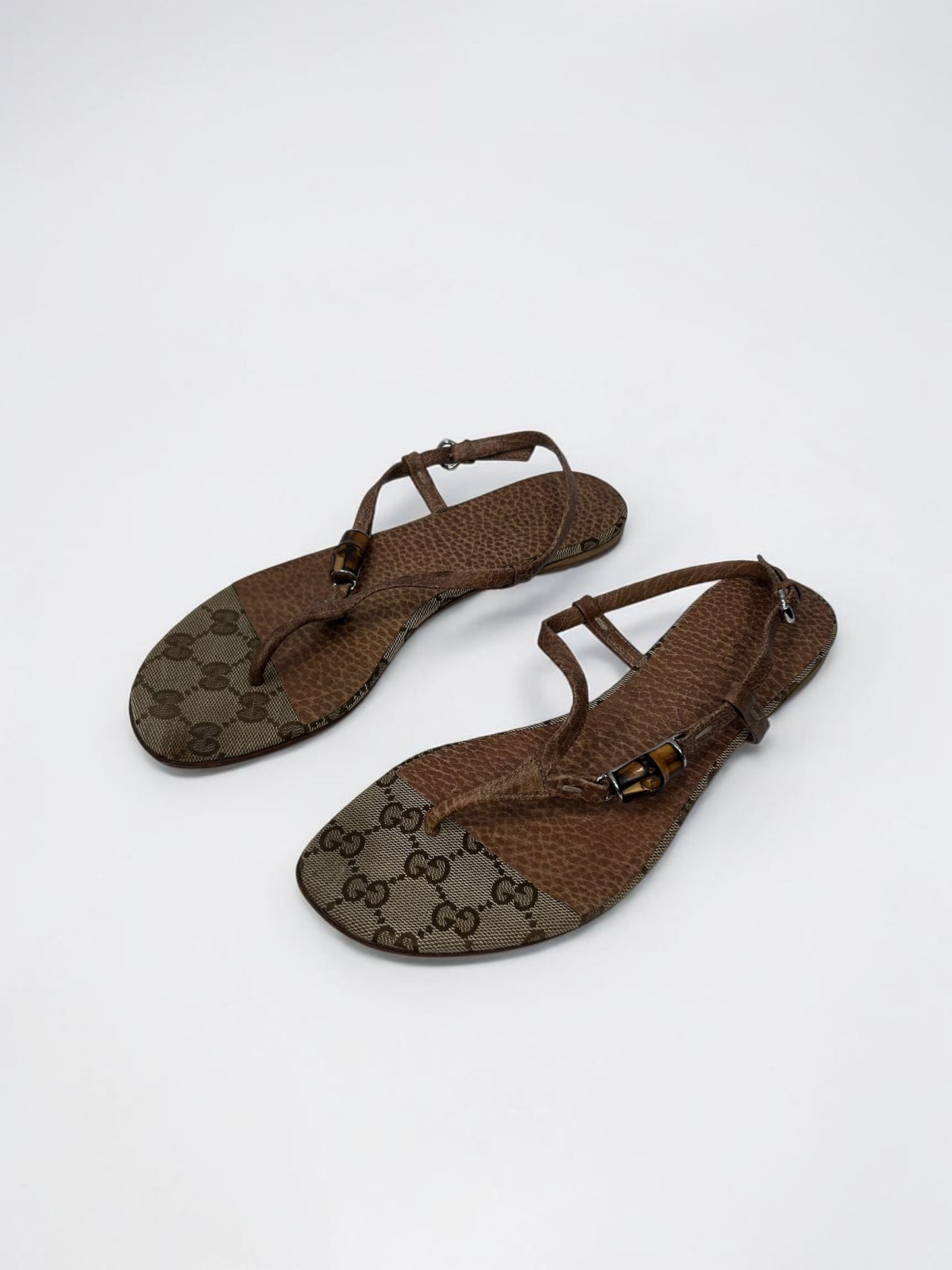 Vintage Canvas & Brown Leather Bamboo Thong Sandals |Tom Ford Era Y2K