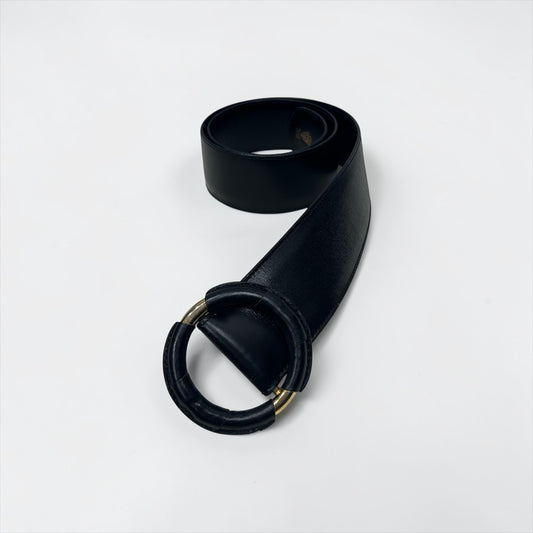 Vintage Gucci Wide Black Leather Belt with Round Buckle| 1980