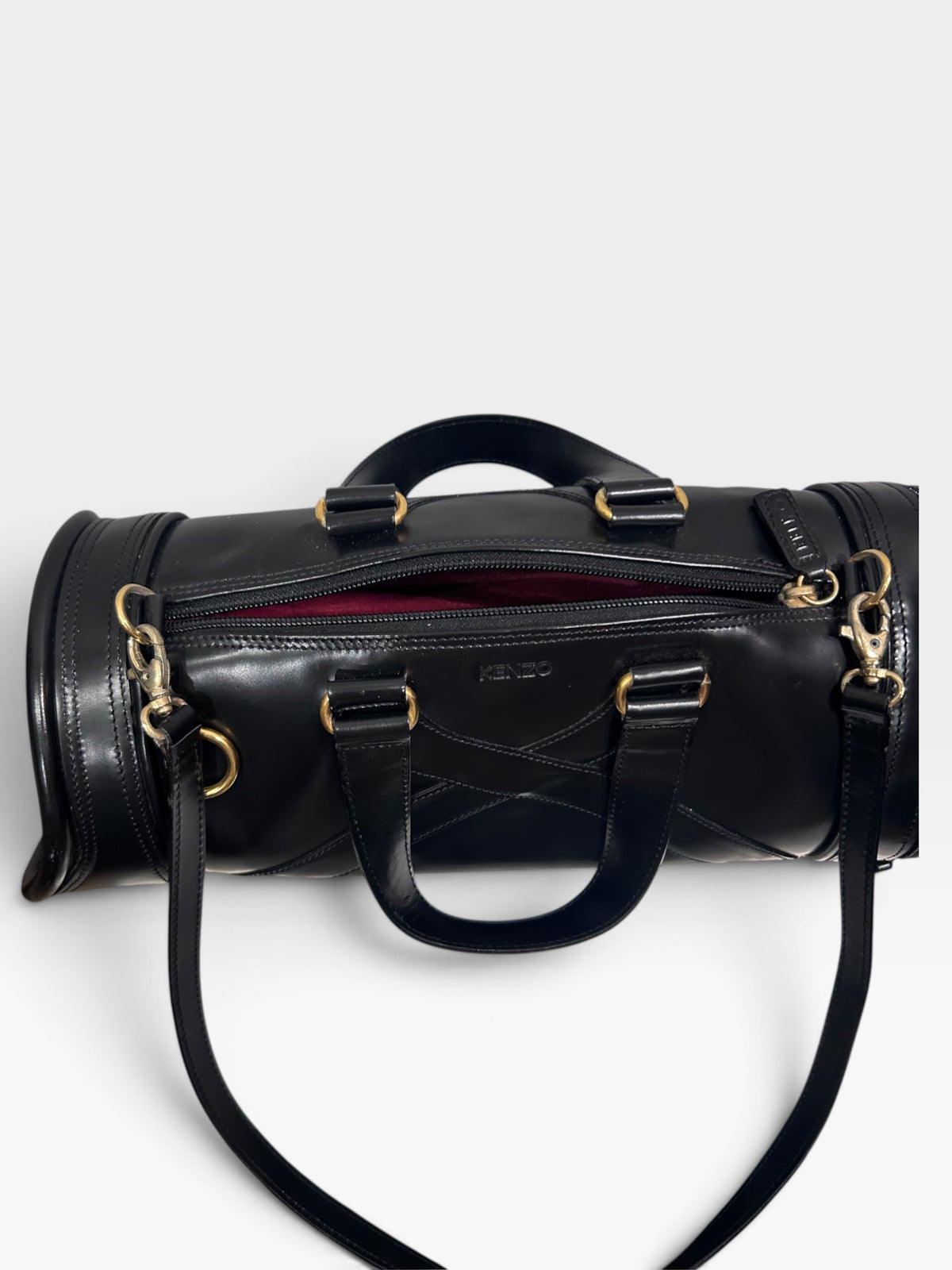 Vintage Kenzo Black Leather Barrel Bag|Early 2000s