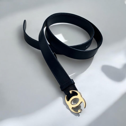 Vintage Gucci Navy Leather Belt with Gold GG Logo Buckle