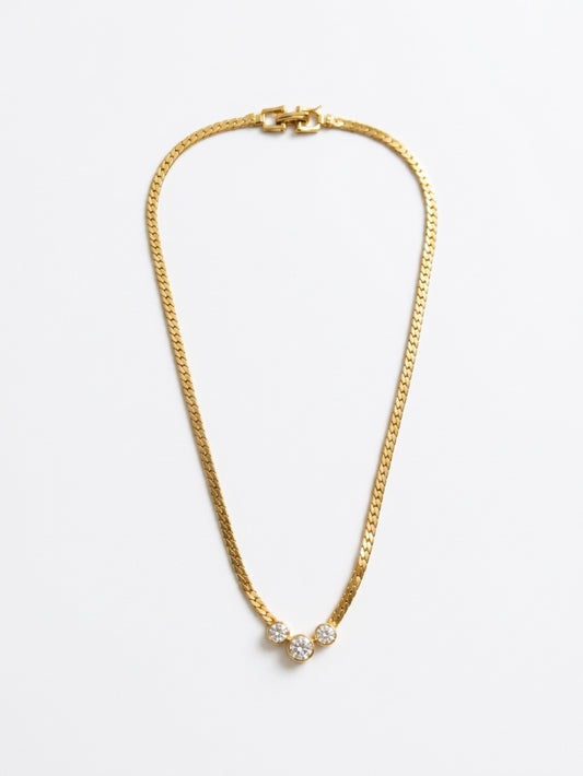 Vintage Gold-Plated Triple Crystal Herringbone Necklace| 1990s