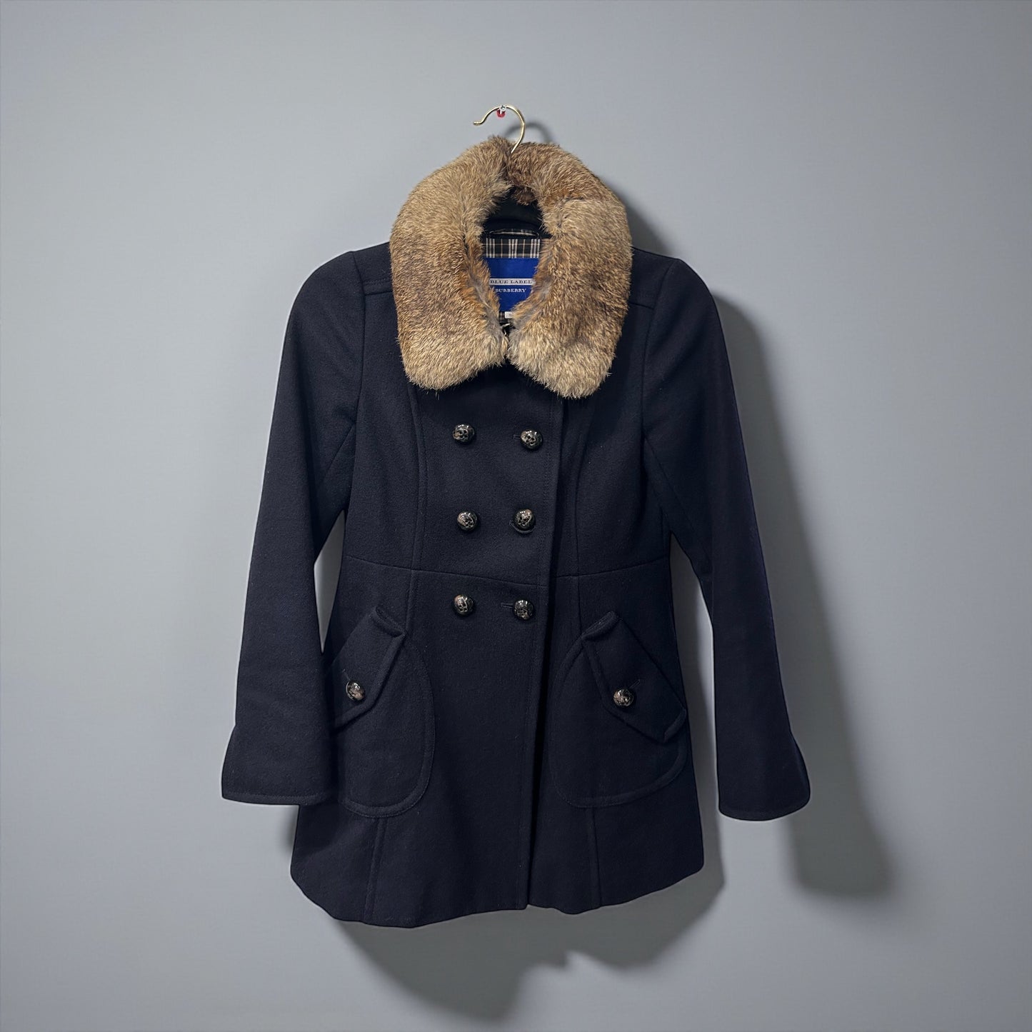 Vintage Burberry Blue Label Wool Coat with Fur Collar