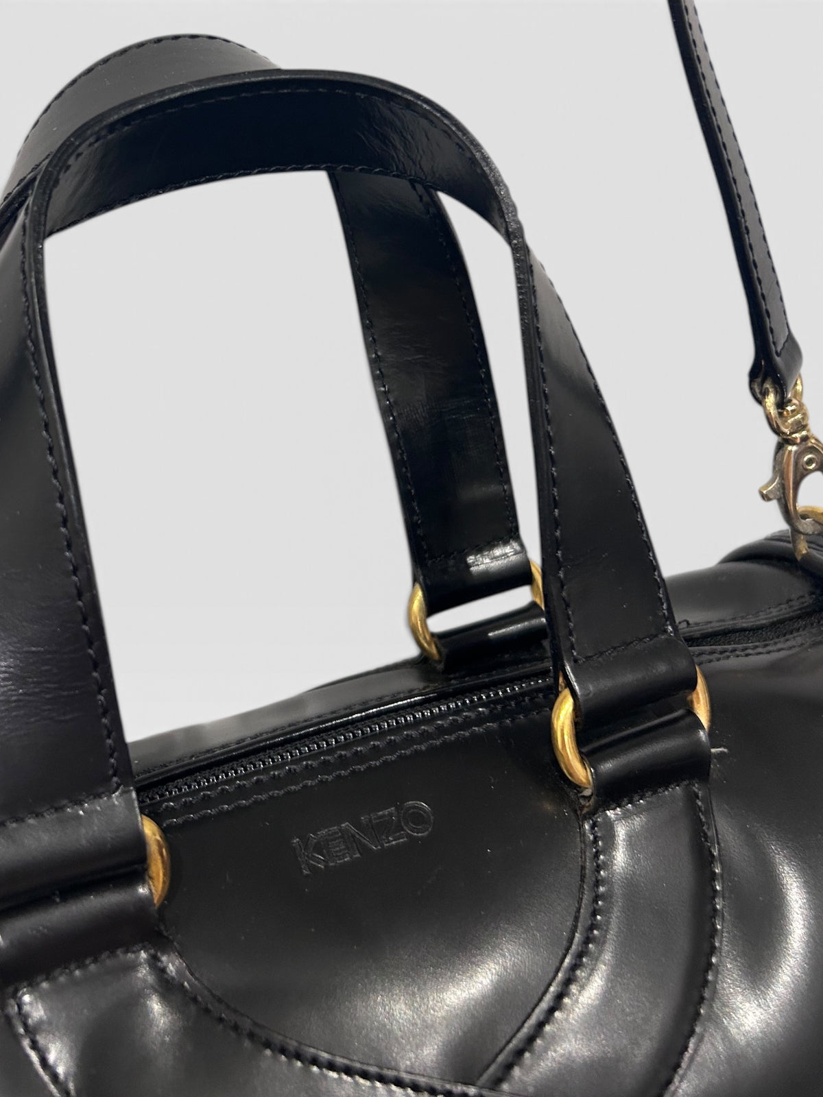 Vintage Kenzo Black Leather Barrel Bag|Early 2000s