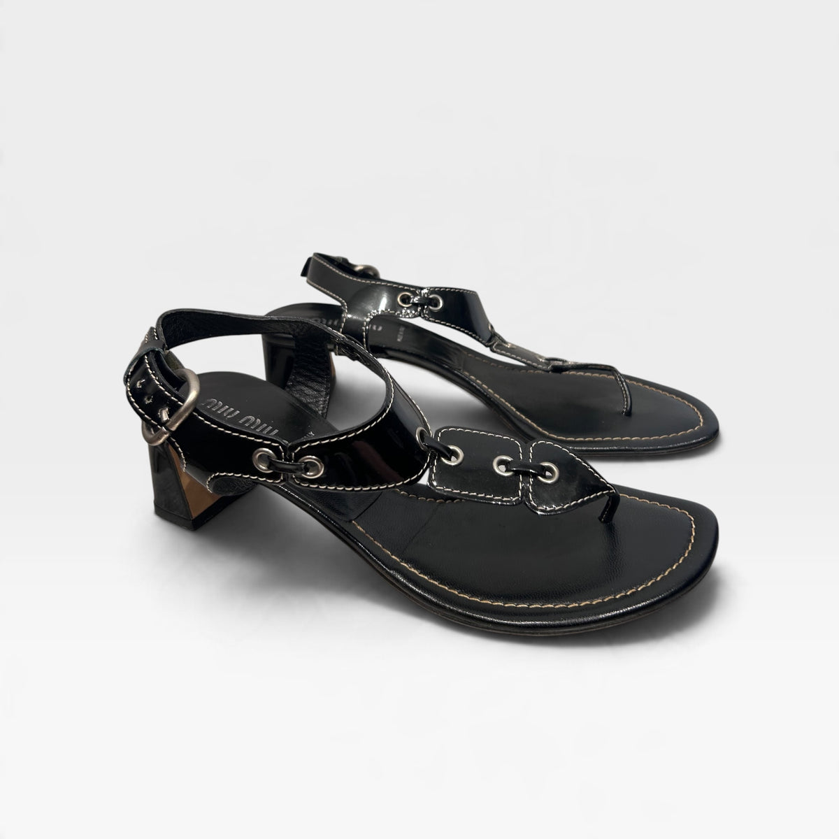 Vintage Miu Miu Black Leather Heeled Sandals | Early 2000s