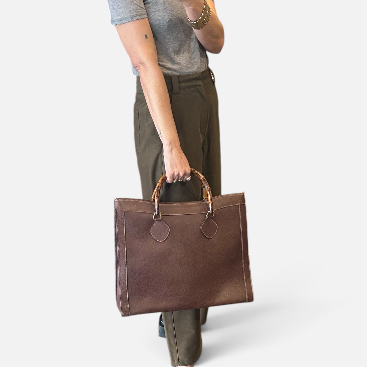Vintage Gucci Diana Brown Leather Bamboo Tote Bag | Early 1990s