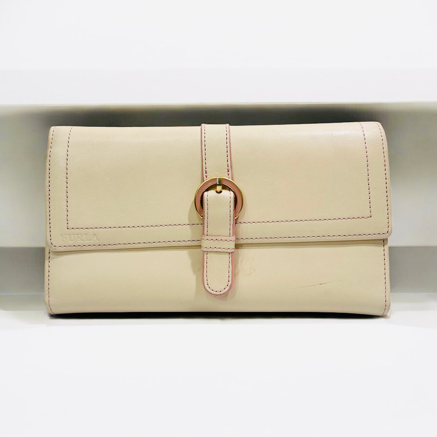 Vintage Furla Beige Leather Wallet with Buckle Detail