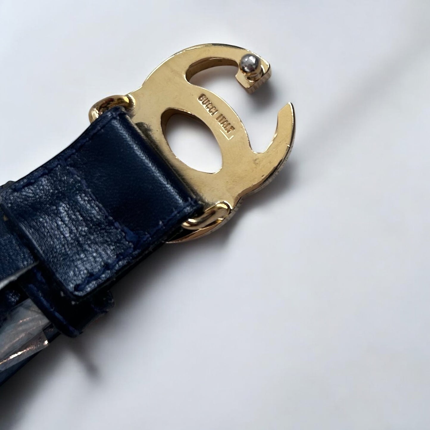 Vintage Gucci Navy Leather Belt with Gold GG Logo Buckle