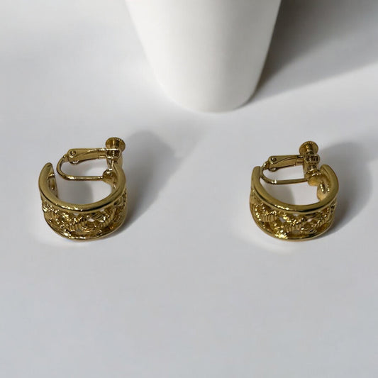 Vintage Gold Plated Textured Hoop Clip-On Earrings