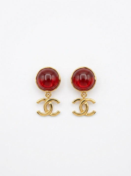 Vintage Chanel Red Cabochon Clip-On Earrings|Spring 1994