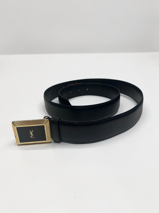 Vintage Yves Saint Laurent Black Leather Belt with YSL Buckle|90s