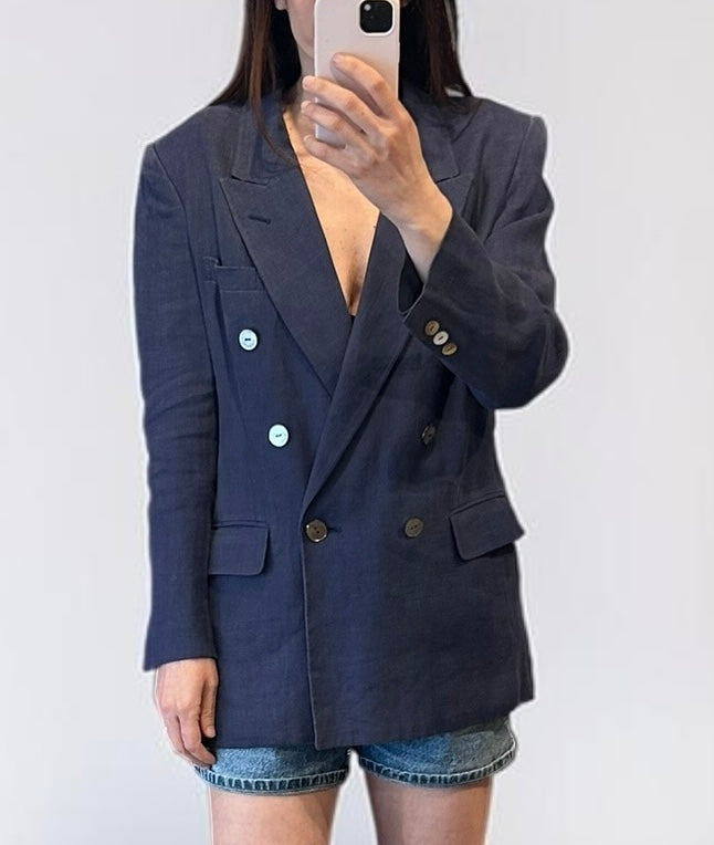 Vintage Burberry Blue Linen Double-Breasted Blazer| Mid 1990s
