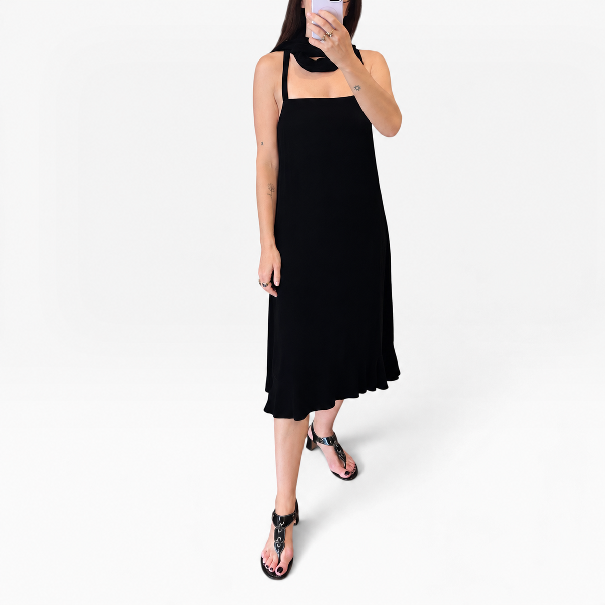 Vintage Joseph Black Velvet Midi Dress with Scarf Detail | 1990s