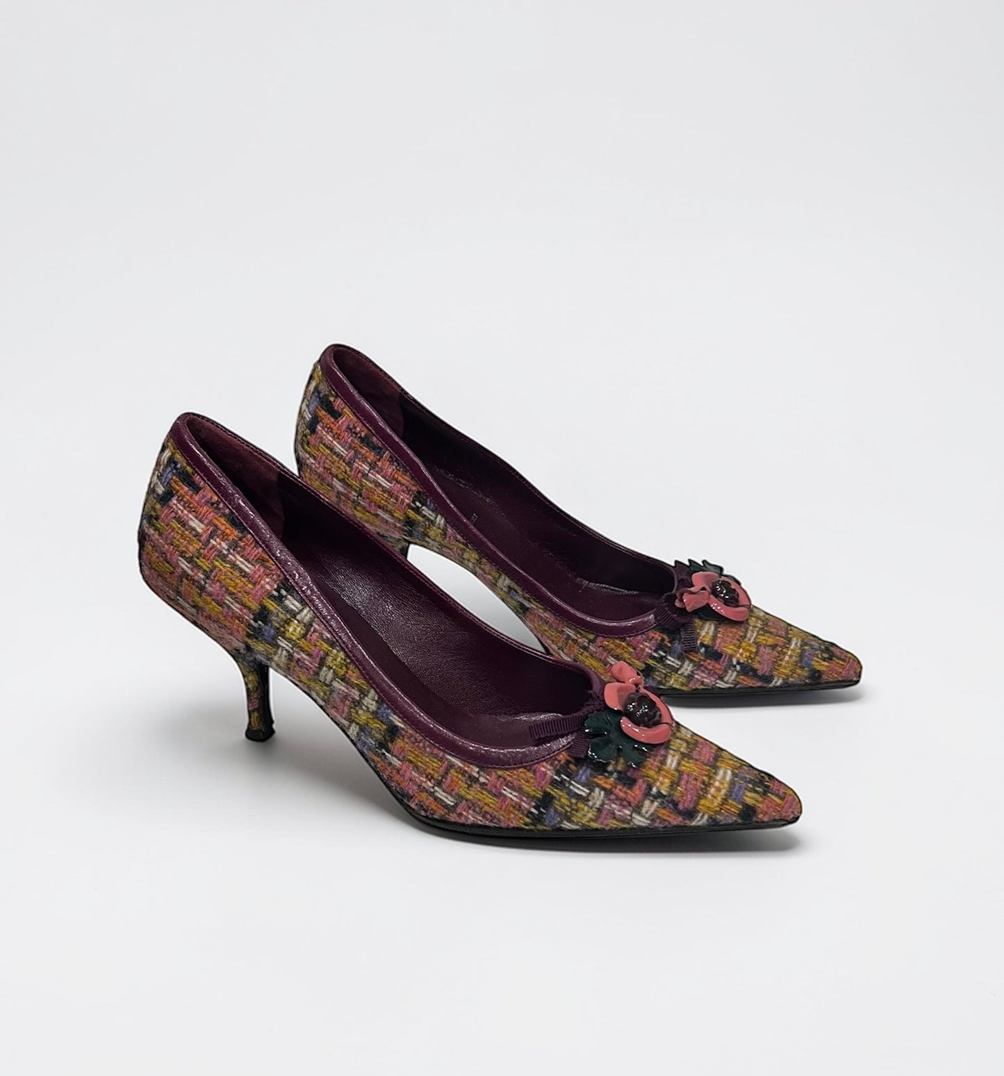 Vintage Miu Miu Tweed Kitten Heel Pumps with Floral Appliqué |Early 2000s