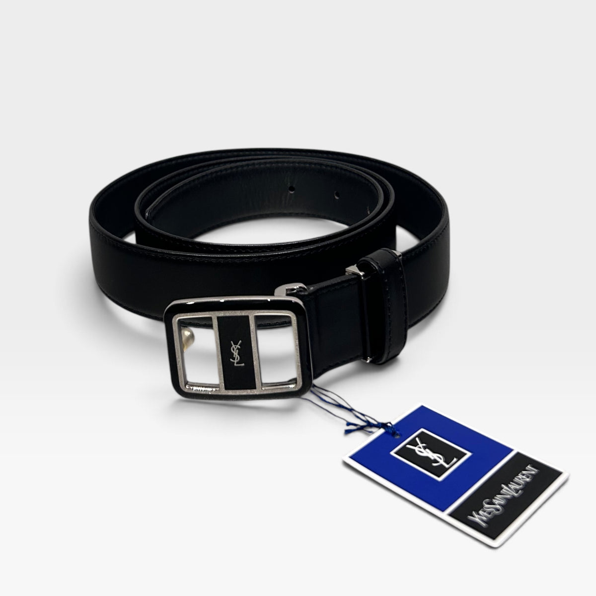 Vintage Yves Saint Laurent Black Leather Logo Buckle Belt | 1990s