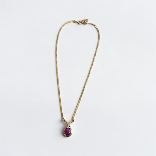 Vintage Gold Tone Pink Cabochon Teardrop Necklace