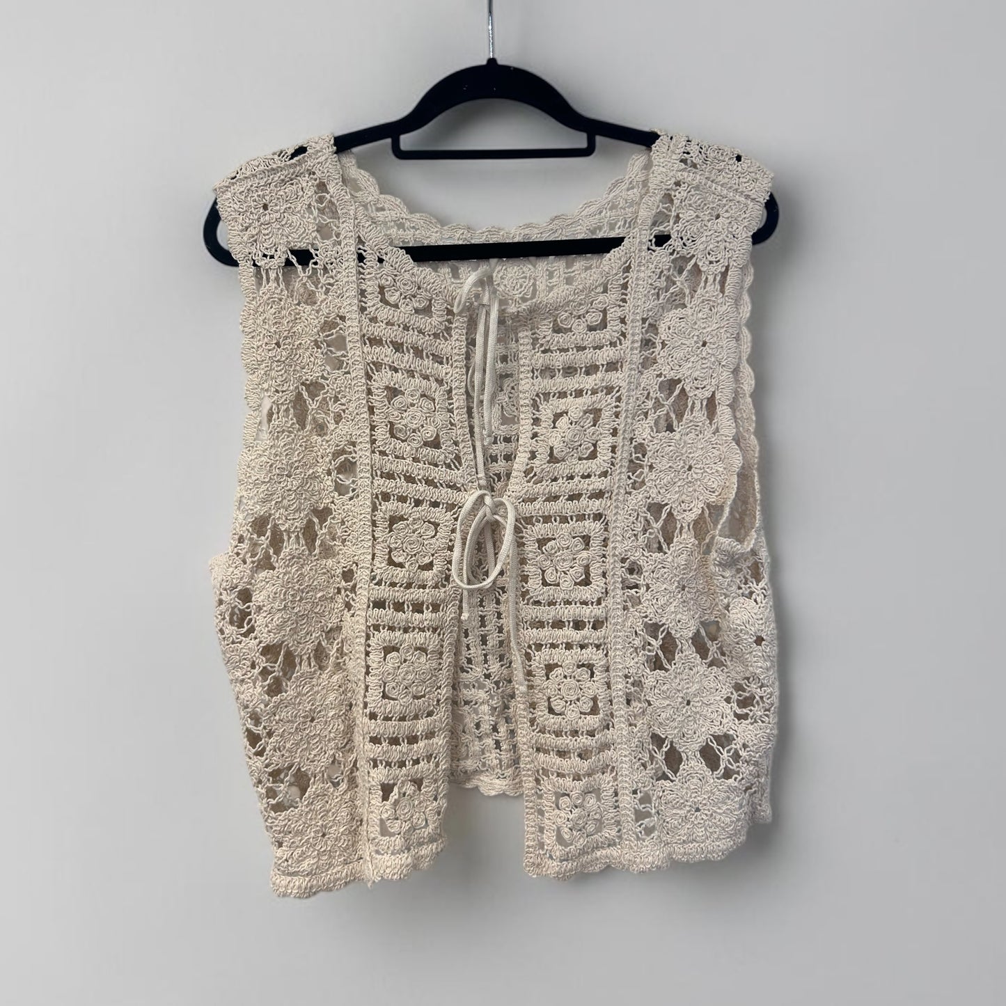 Vintage Handmade Crochet Lace Tie Front Vest
