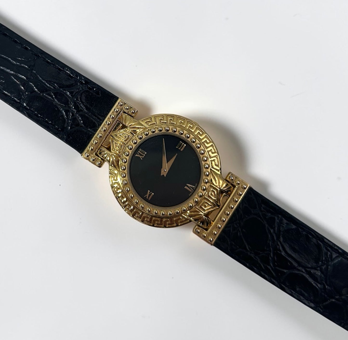 Vintage Gianni Versace Greek Key Gold Watch with Croc Leather Strap| 1994