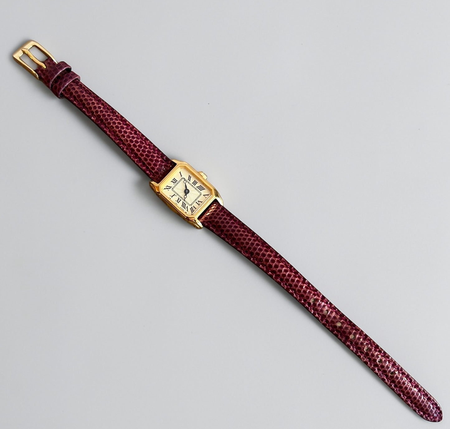 Vintage Demi-Luxe Gold-Plated Rectangular Watch with Burgundy Leather Strap