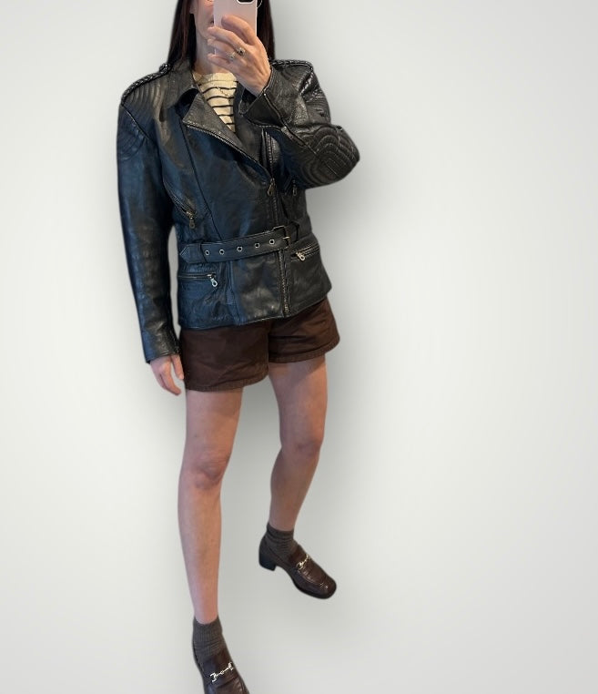 80’s Black Leather Biker Jacket by ZULFI