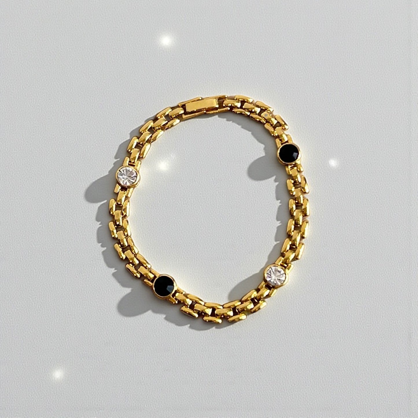 Vintage Gold Plated Tennis Bracelet with Black & Crystal Stones |90s
