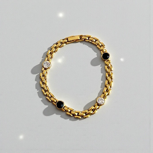 Vintage Gold Plated Tennis Bracelet with Black & Crystal Stones |90s