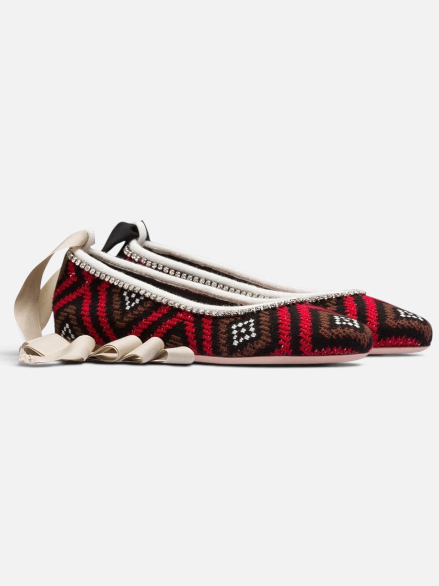 Miu Miu Crystal-Trim Crochet Ballet Flats with Interchangeable Ankle Ribbon|Fall/Winter 2019