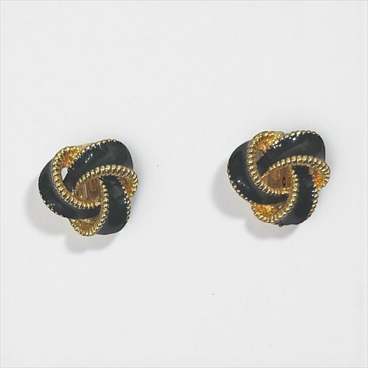 Vintage Black Enamel & Gold-Tone Knot Clip-On Earrings