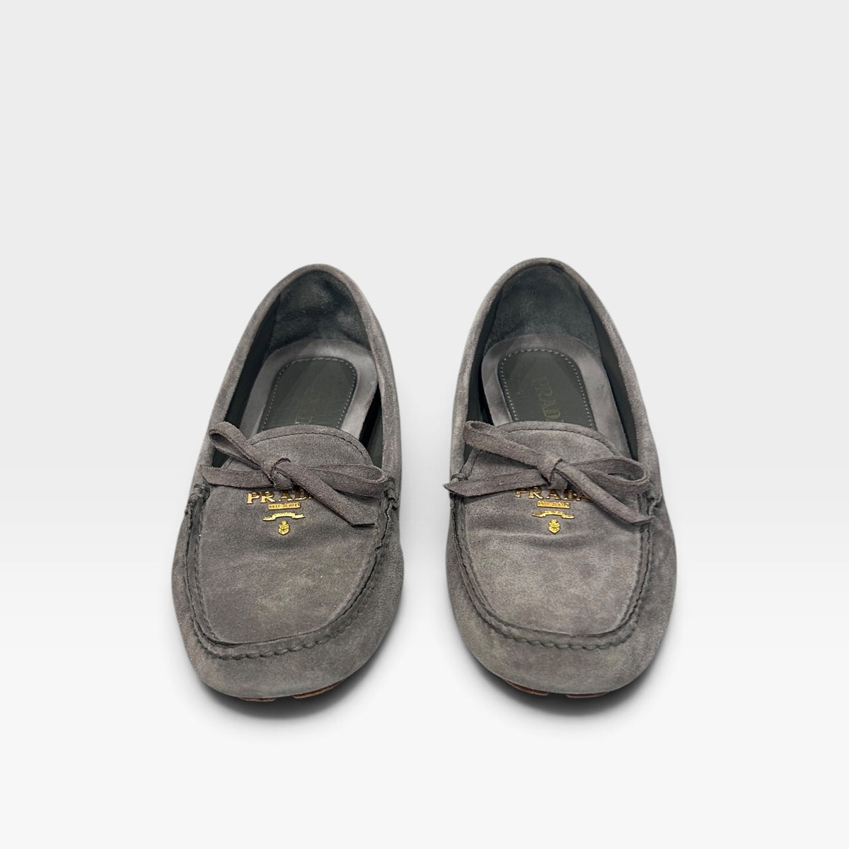 Vintage Prada Grey Suede Bow Loafers | Early 2000s