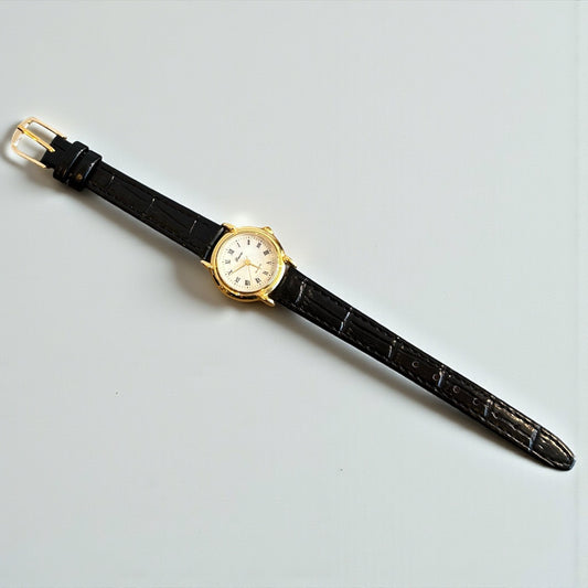 Vintage Gold Tone Watch with Black Croc Strap| 90s