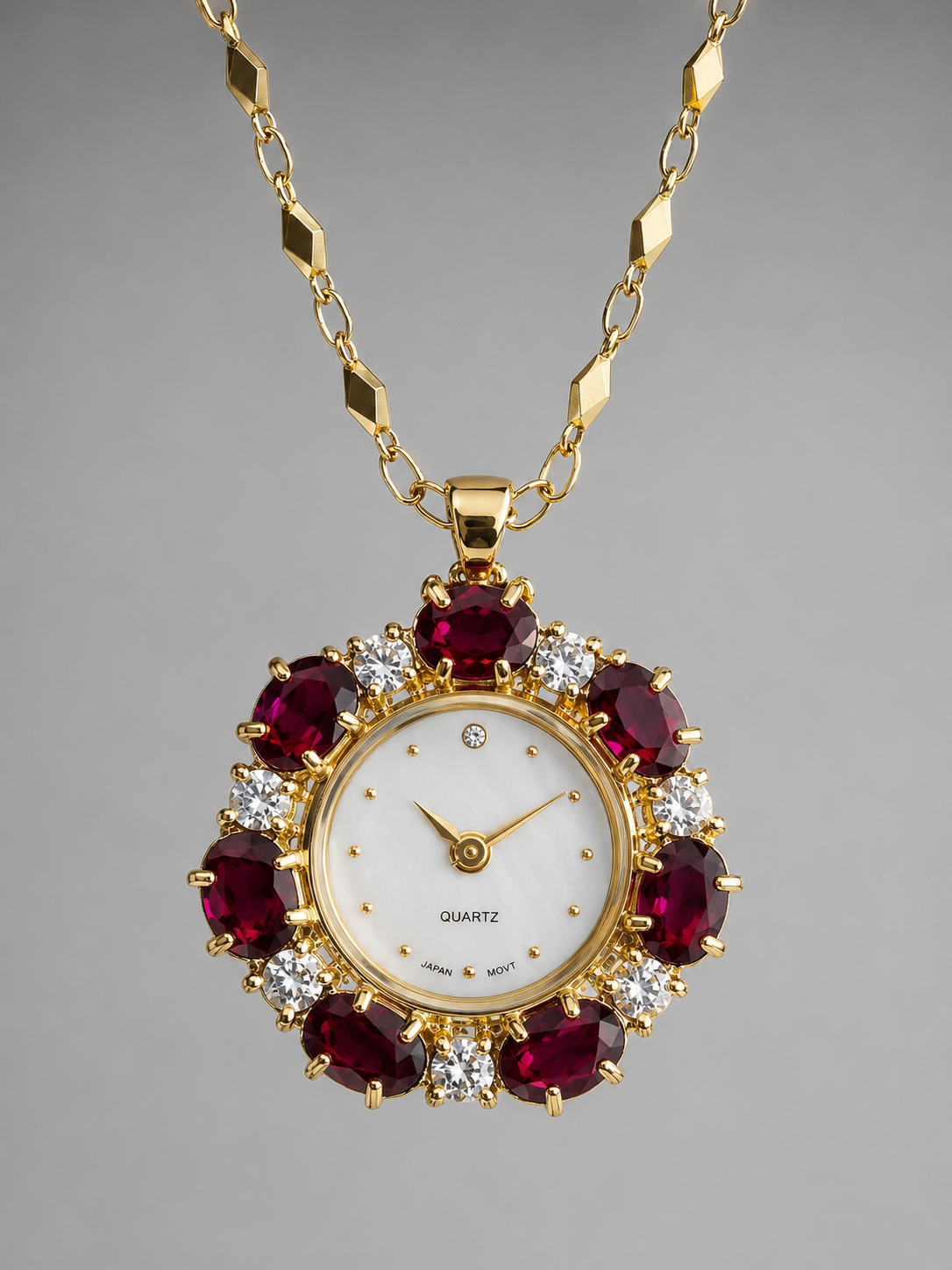 Vintage Ruby-Tone Crystal Pendant Watch on Gold-Plated Chain|Late 1990s