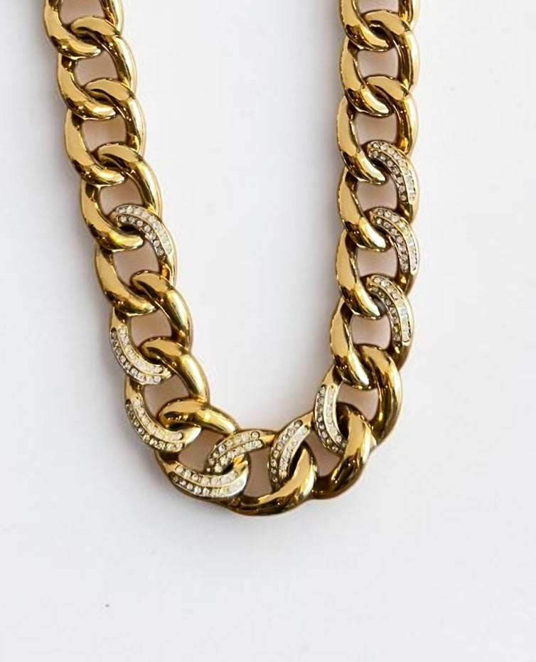 Vintage Gold-Plated Statement Chain Necklace with Crystal Accents| Late 80s