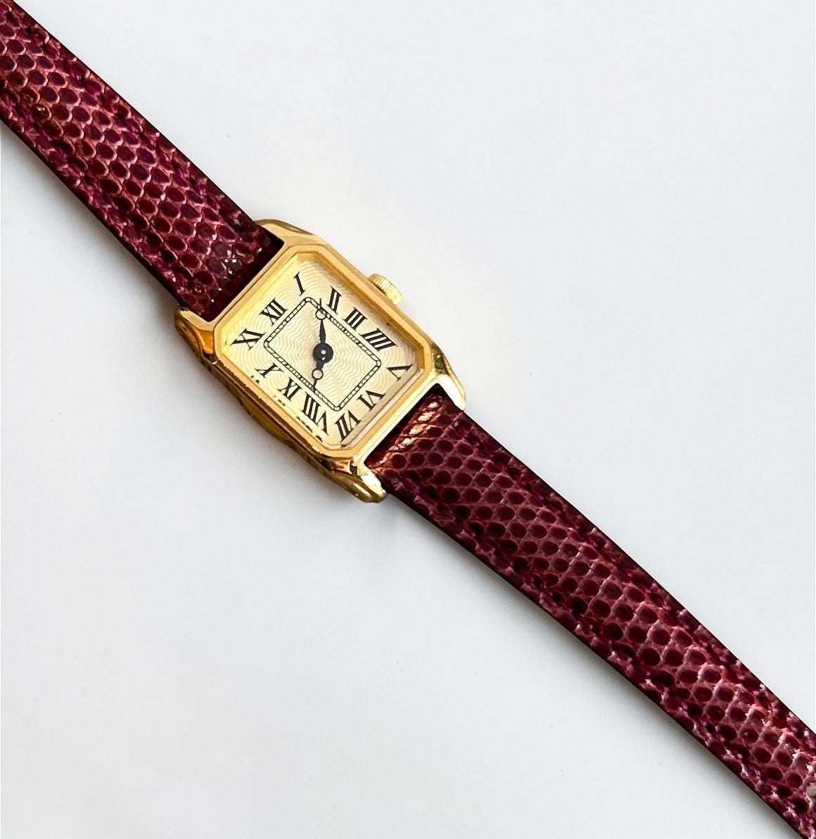 Vintage Demi-Luxe Gold-Plated Rectangular Watch with Burgundy Leather Strap