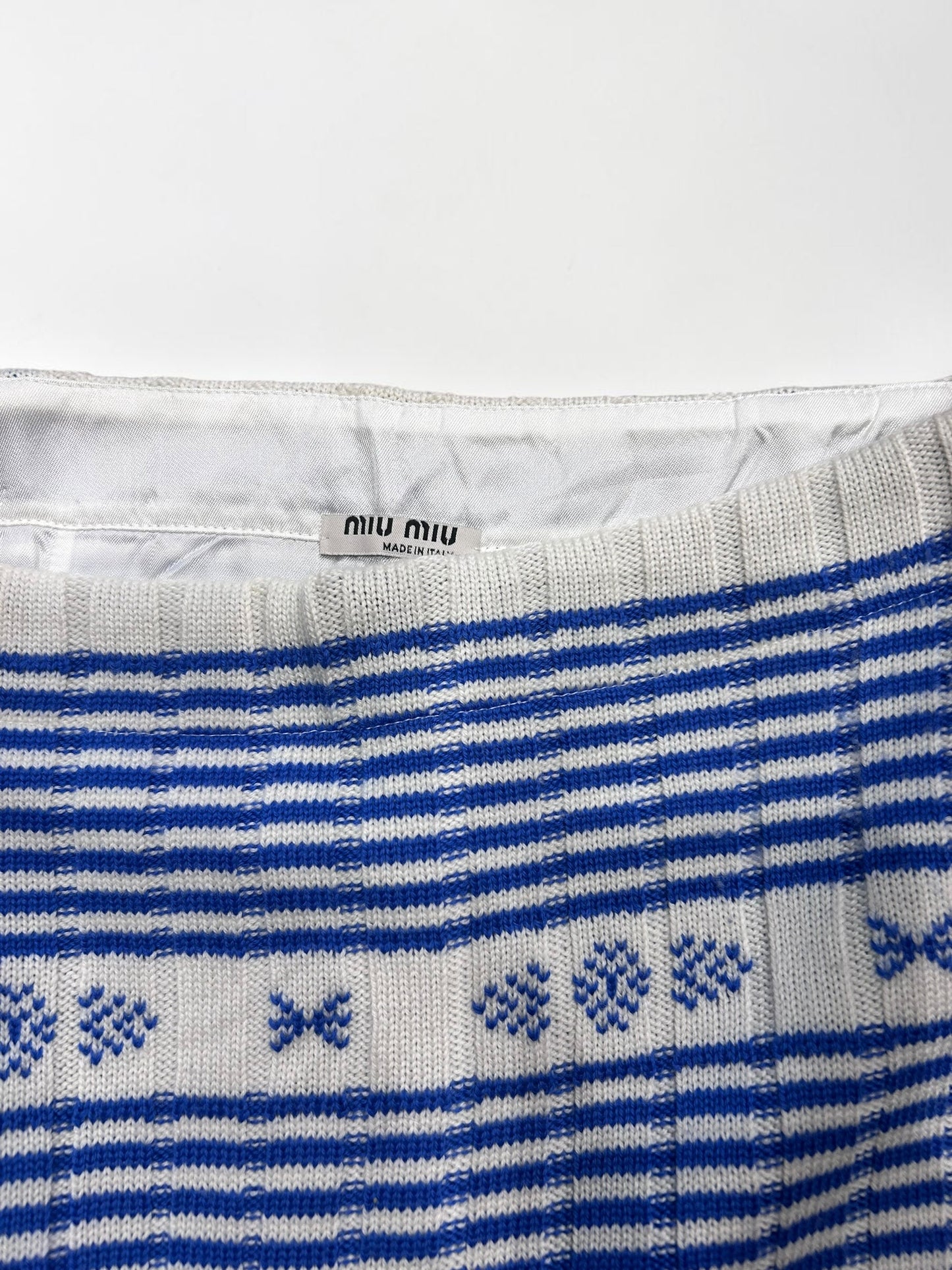 Miu Miu Knit Mini Skirt – Blue & White Pattern|2015