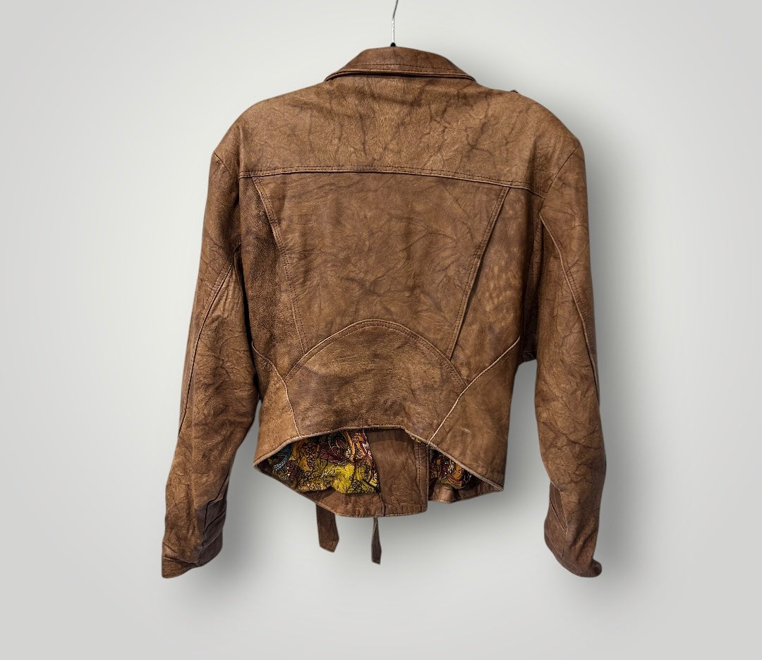 Vintage Distressed Leather Jacket with Printed Lining