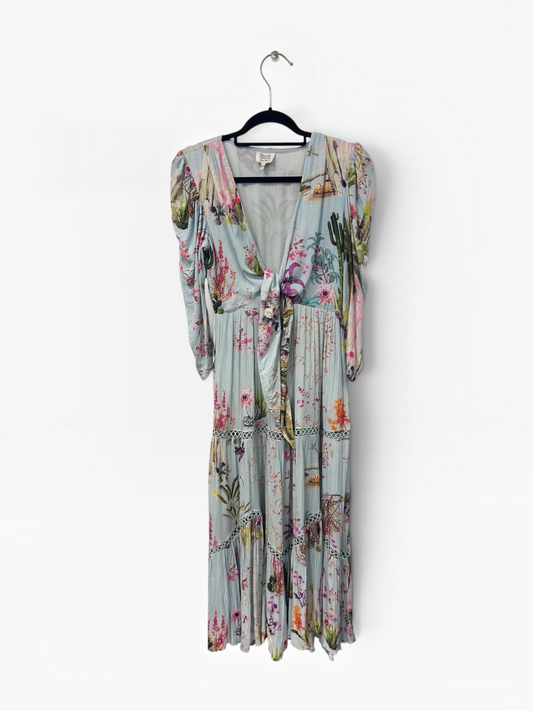 Hemant & Nandita Botanical Print Tie-Front Midi Dress with Sequin Embellishments
