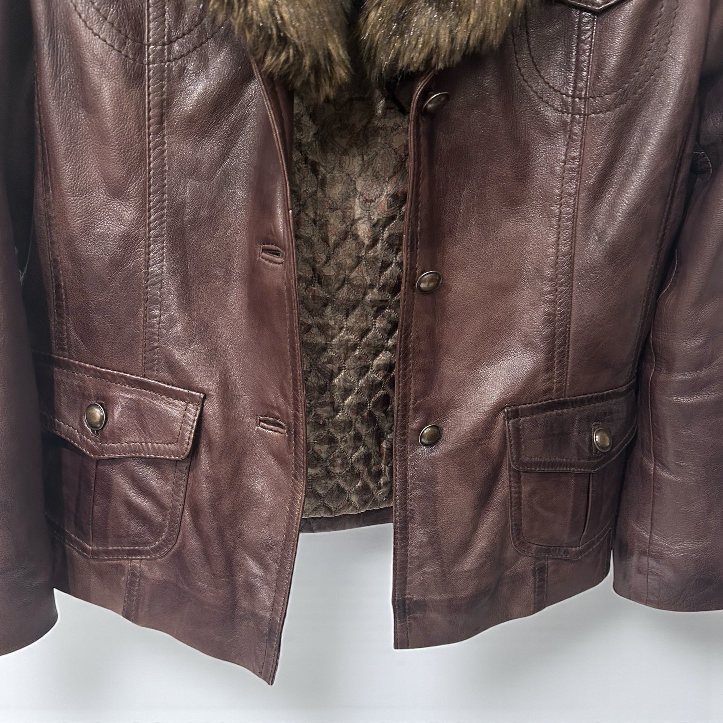 Early 2000s Brown Leather Jacket with Faux Fur Collar