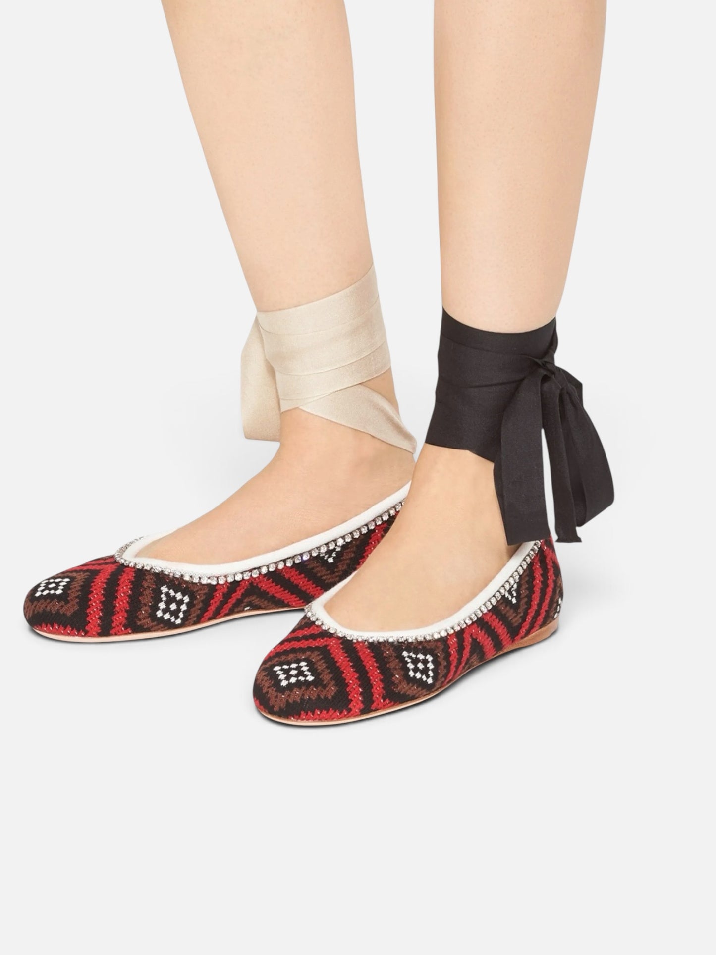 Miu Miu Crystal-Trim Crochet Ballet Flats with Interchangeable Ankle Ribbon|Fall/Winter 2019