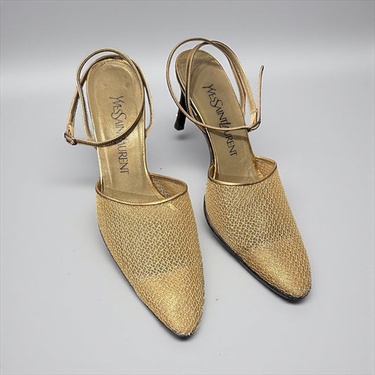 Vintage Yves Saint Laurent Gold Mesh Slingback Heels
