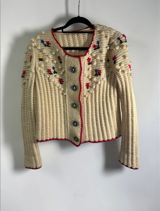 Vintage Hand-Knit Floral Wool Cardigan| Late 1980