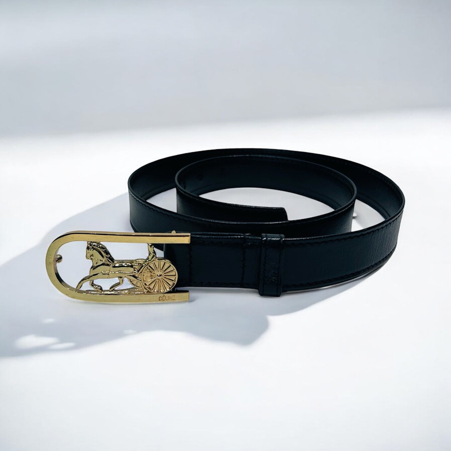 Vintage CÉLINE Black Leather Horse Carriage Belt| Late 1980