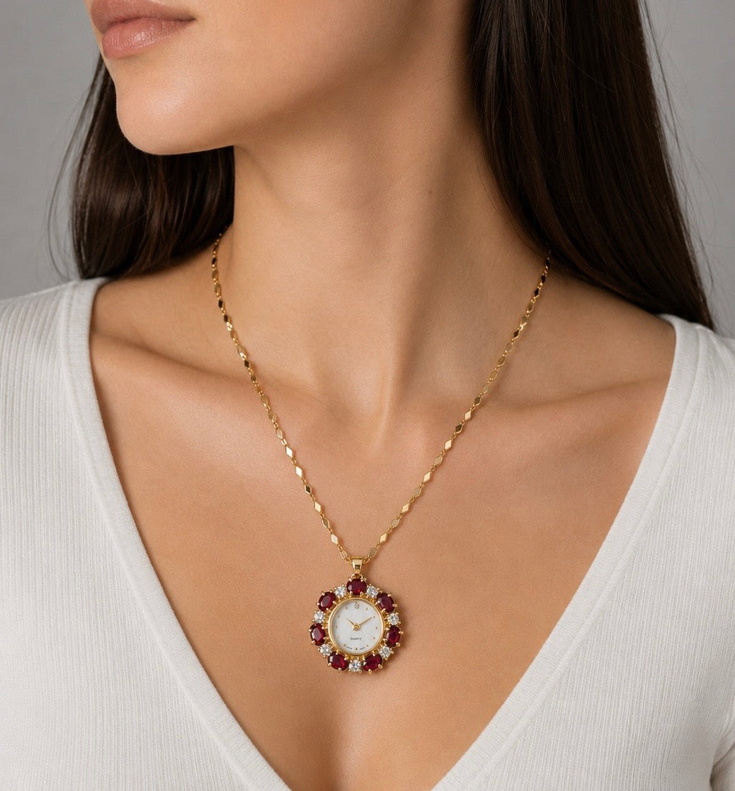 Vintage Ruby-Tone Crystal Pendant Watch on Gold-Plated Chain|Late 1990s